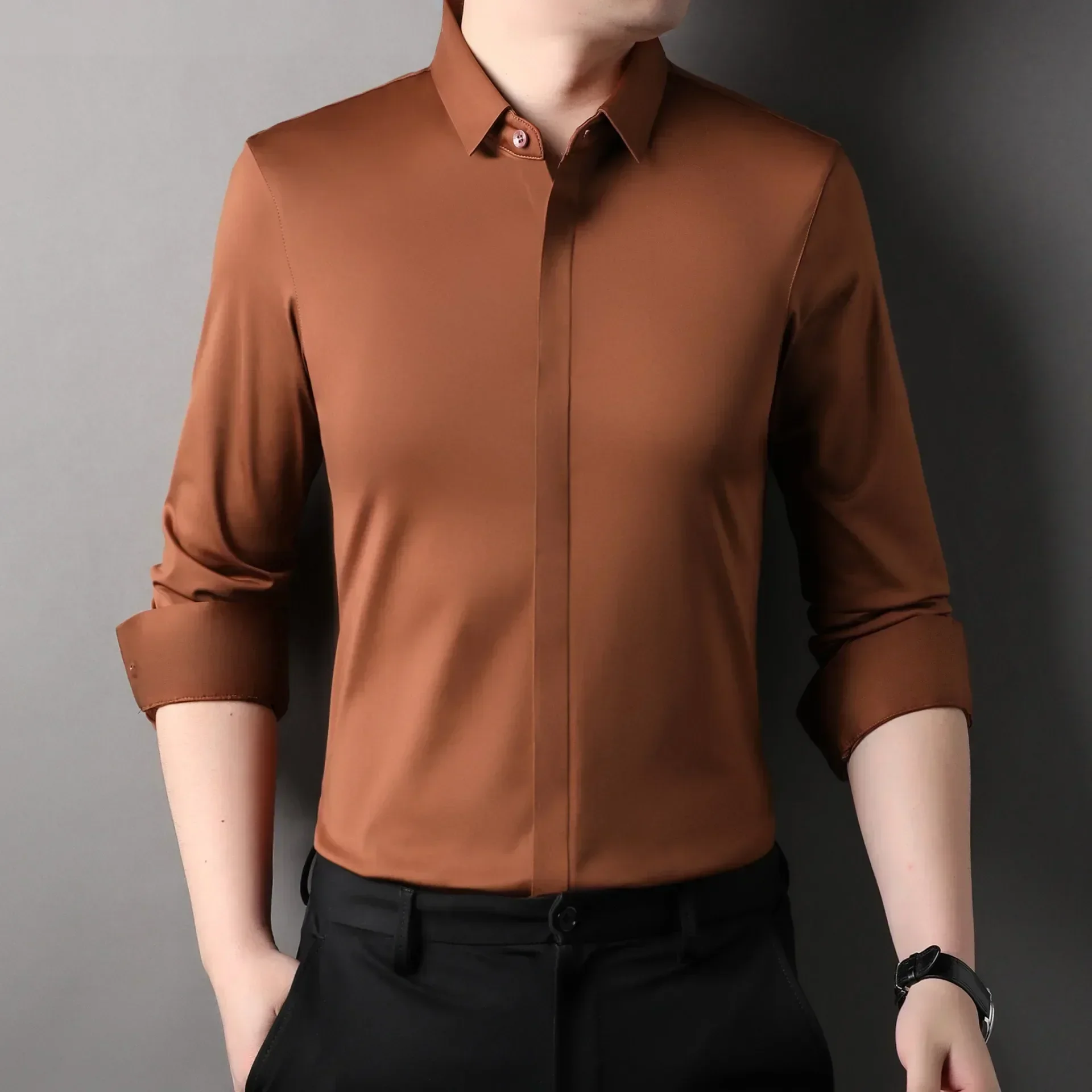 Elegancka męska koszula z jedwabiu morwowego bez zagnieceń Pomarańczowy