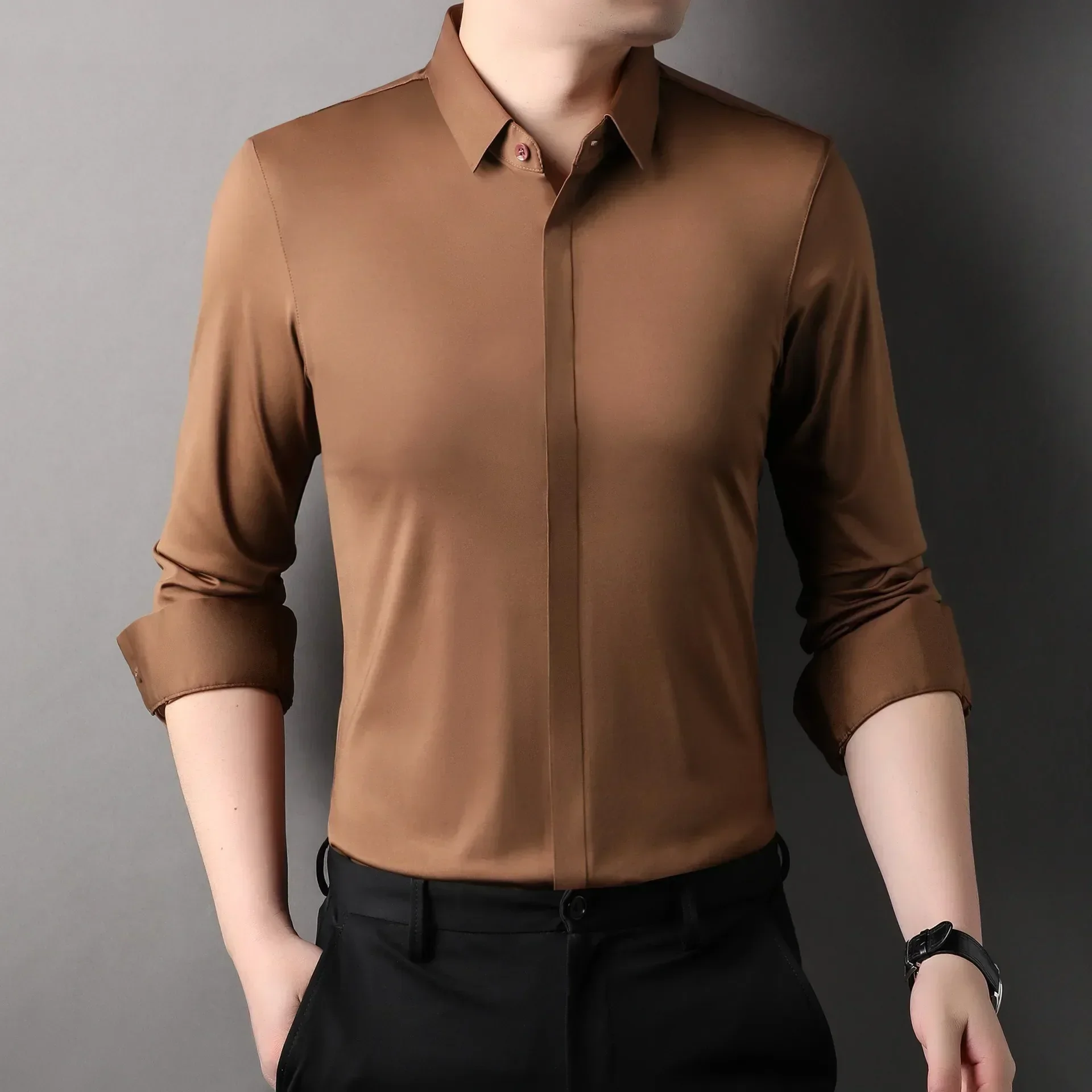 Elegancka męska koszula z jedwabiu morwowego bez zagnieceń Żółty
