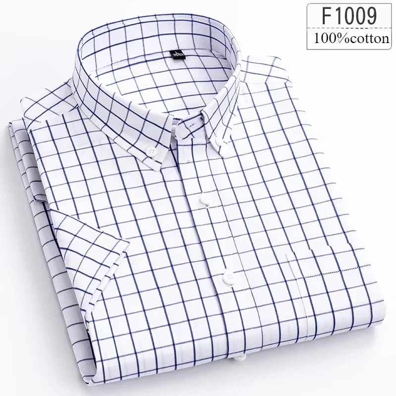Męska koszula z krótkim rękawem slim fit z bawełny w pepitkę F1009