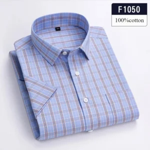 Męska koszula z krótkim rękawem slim fit z bawełny w pepitkę F1050