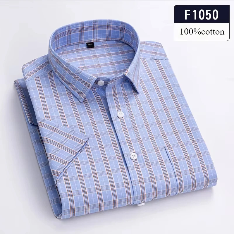 Męska koszula z krótkim rękawem slim fit z bawełny w pepitkę F1050