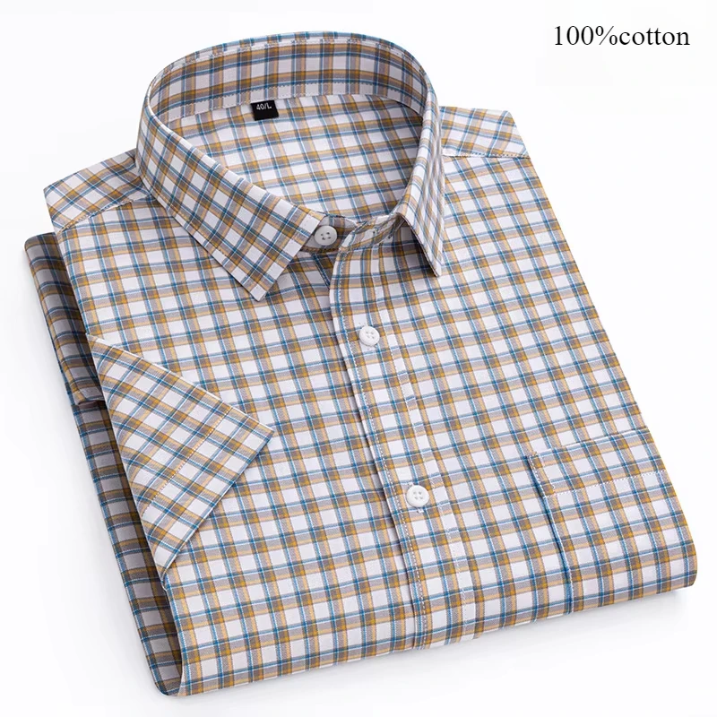 Męska koszula z krótkim rękawem slim fit z bawełny w pepitkę F1055