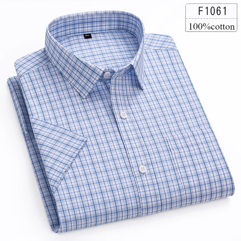 Męska koszula z krótkim rękawem slim fit z bawełny w pepitkę F1061