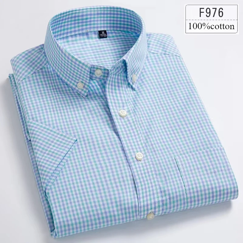 Męska koszula z krótkim rękawem slim fit z bawełny w pepitkę F976