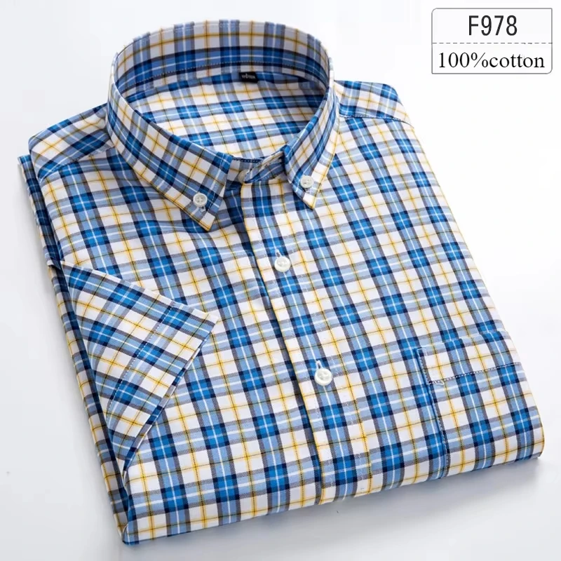 Męska koszula z krótkim rękawem slim fit z bawełny w pepitkę F978