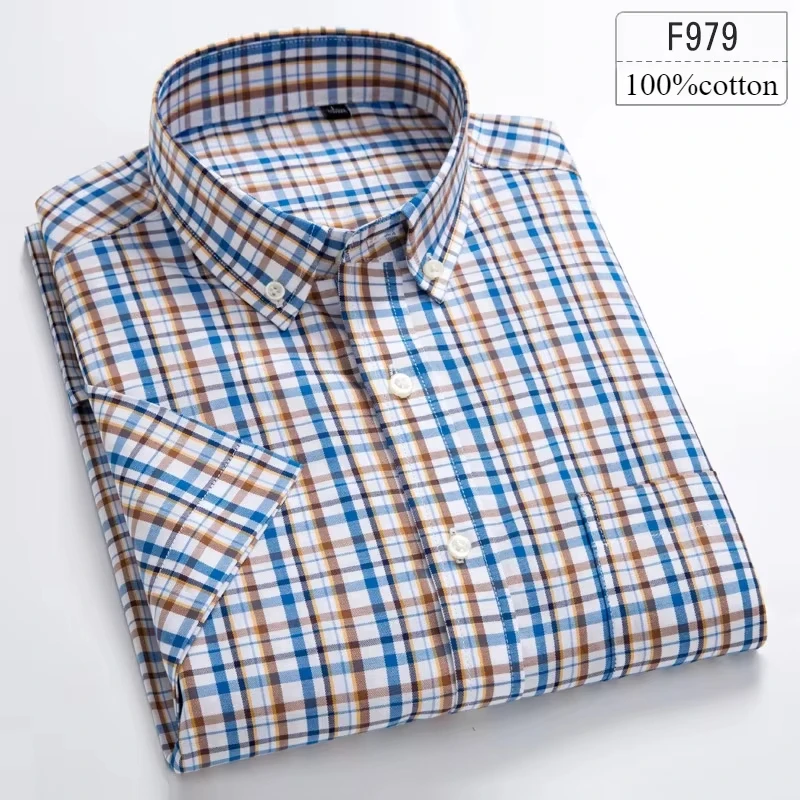 Męska koszula z krótkim rękawem slim fit z bawełny w pepitkę F979