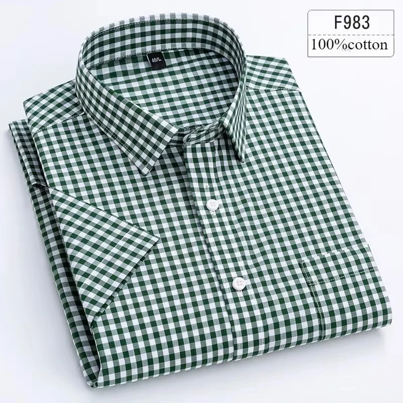 Męska koszula z krótkim rękawem slim fit z bawełny w pepitkę F983