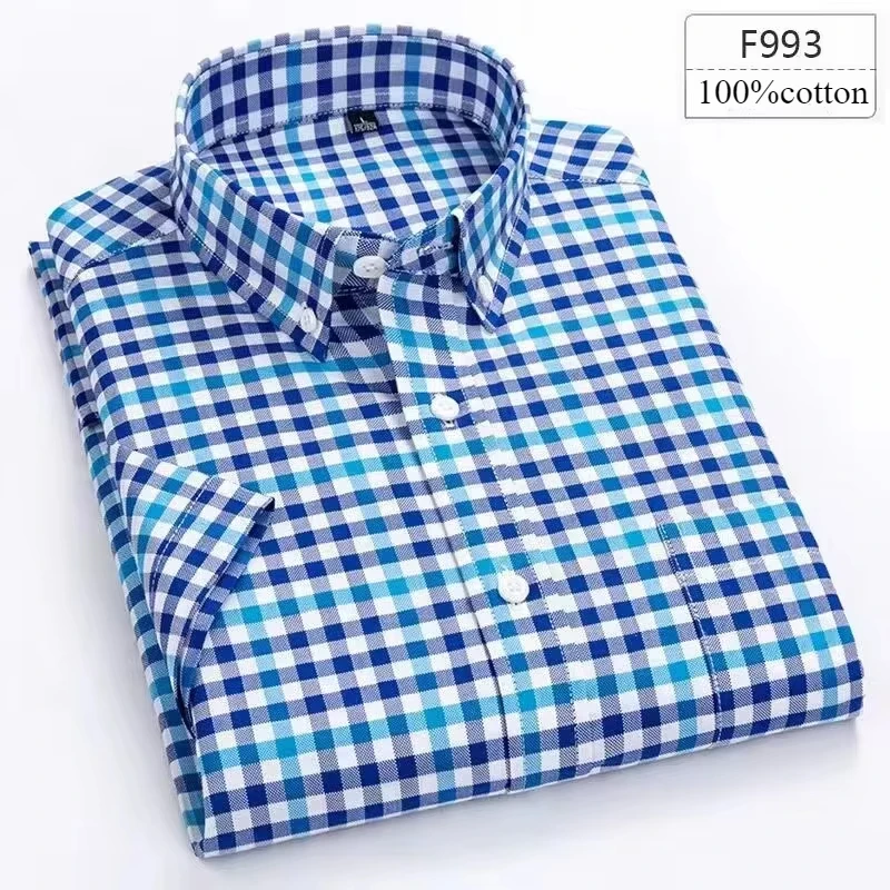 Męska koszula z krótkim rękawem slim fit z bawełny w pepitkę F993