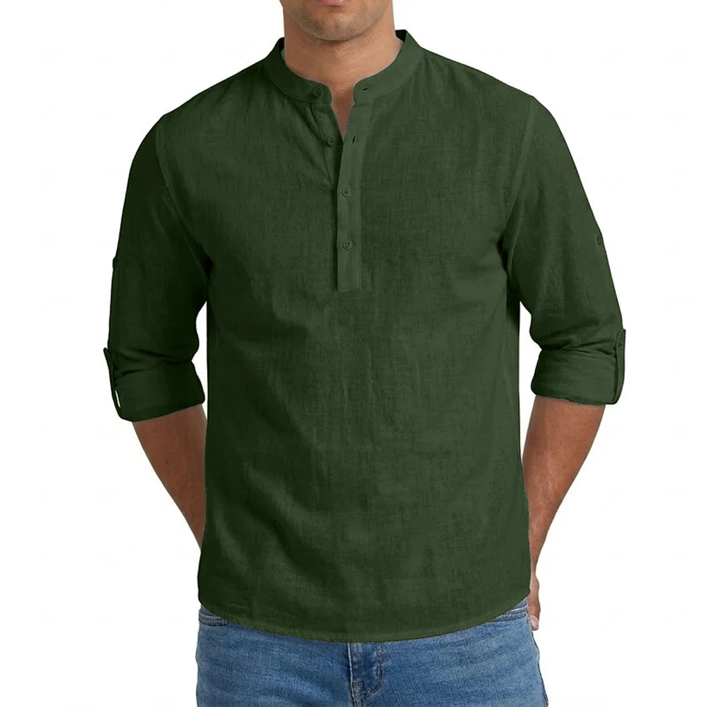 Męska koszula lniana z długim rękawem typu henley Khaki