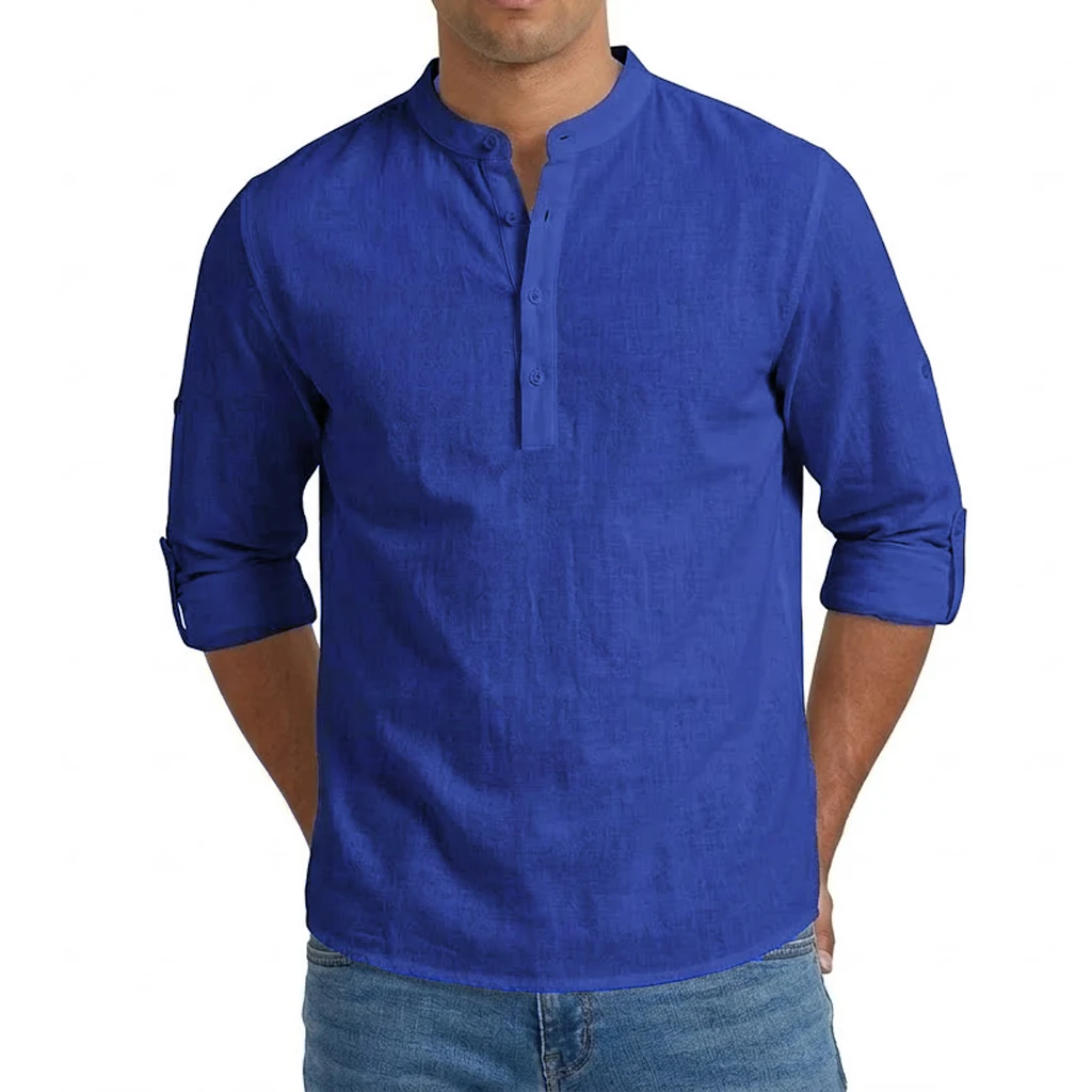 Męska koszula lniana z długim rękawem typu henley Denim