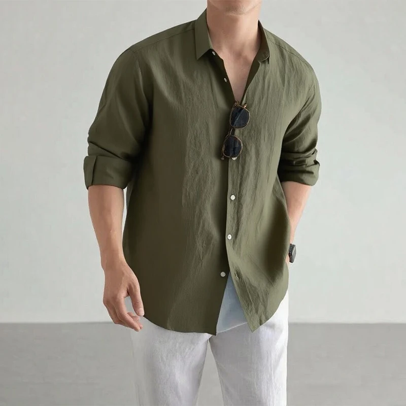 Męska koszula lniana z długim rękawem – luźny krój plus size Khaki