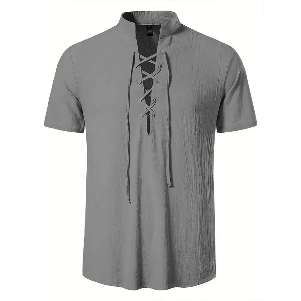 Męska koszula lniana z krótkim rękawem w stylu retro Szary