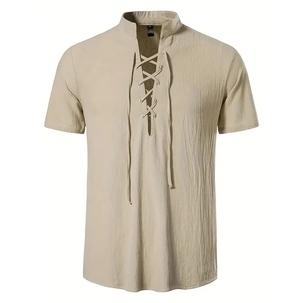 Męska koszula lniana z krótkim rękawem w stylu retro Khaki