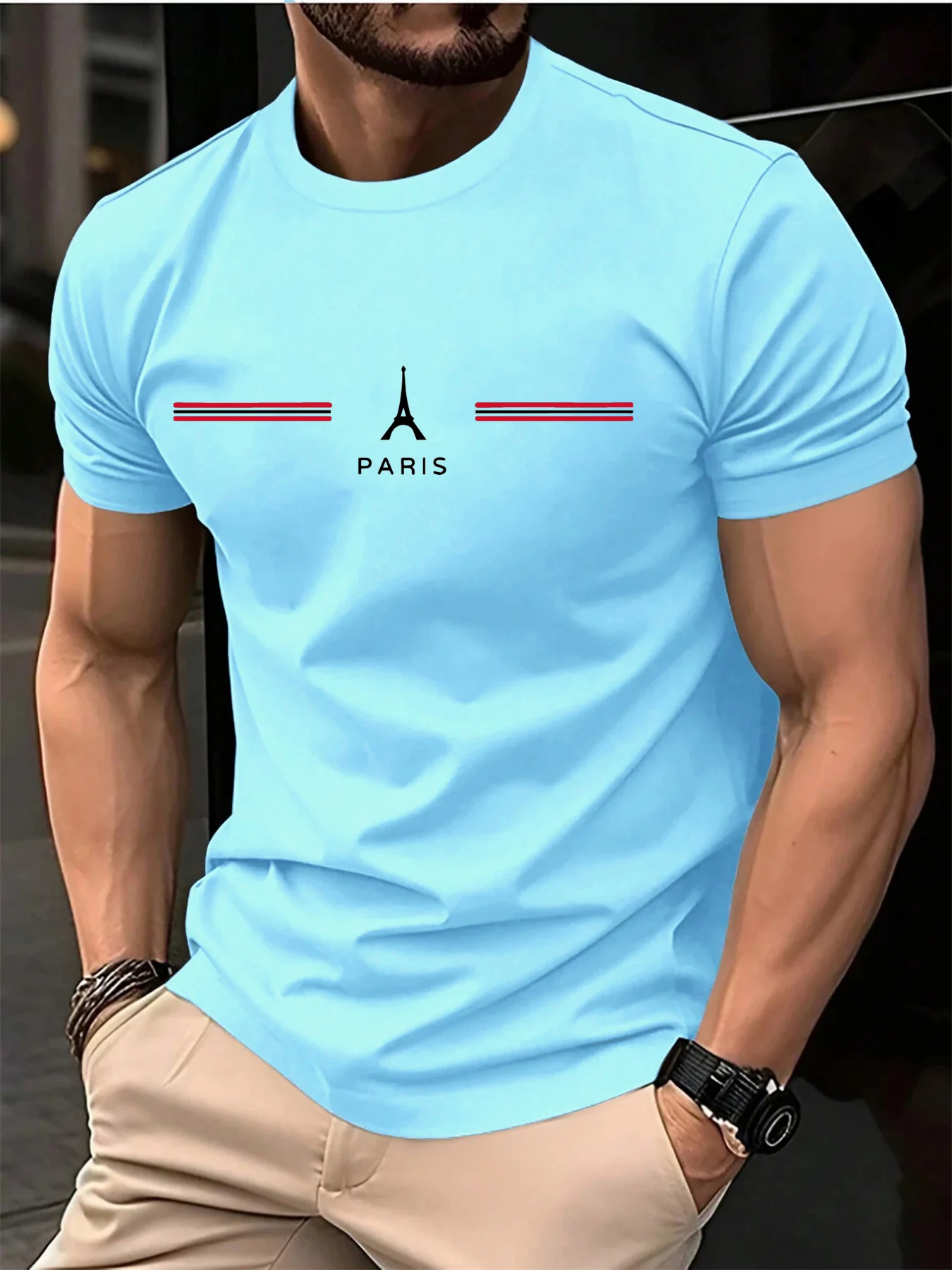 Męska koszulka bawełniana oversize z nadrukiem Paris A0416 tian lan