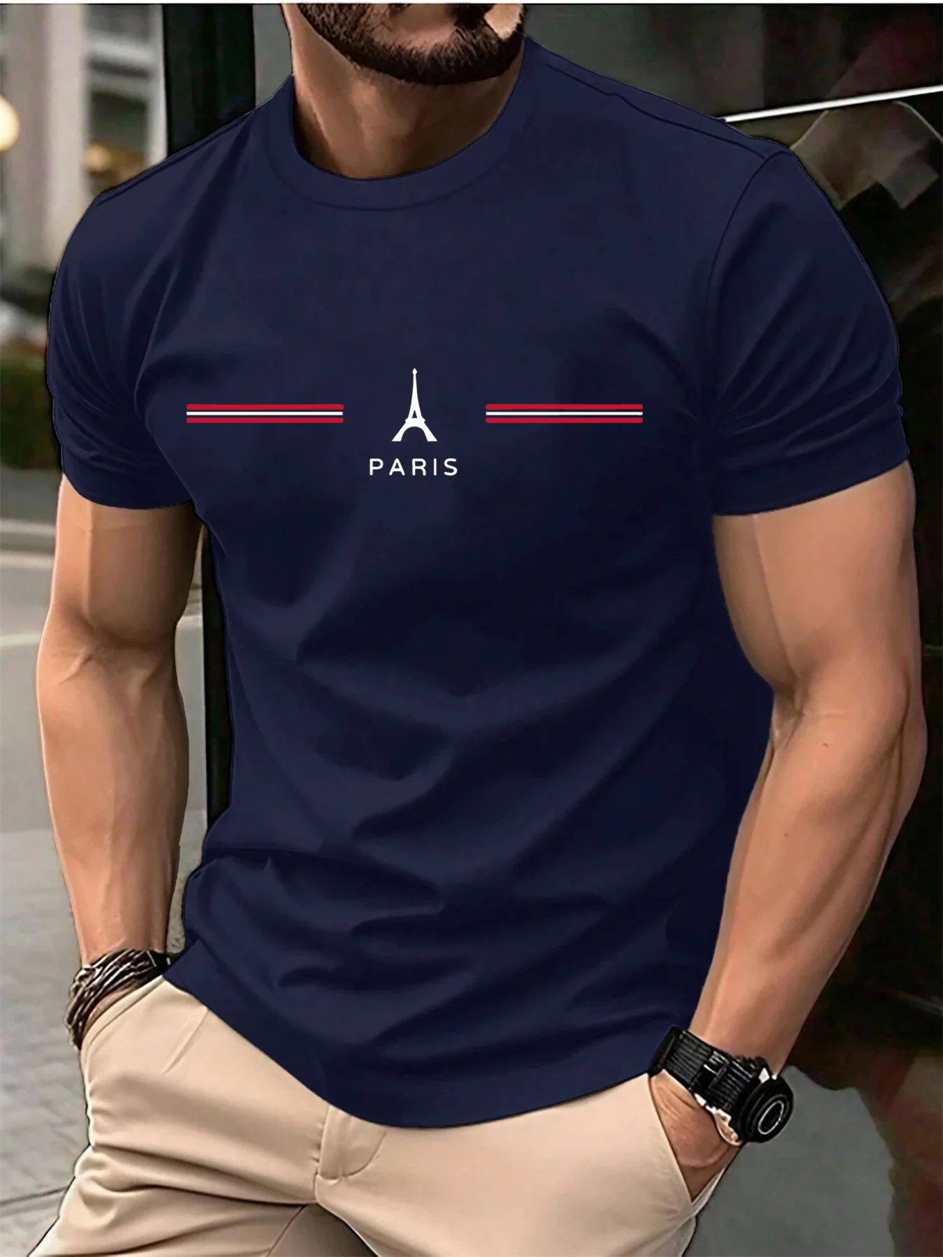 Męska koszulka bawełniana oversize z nadrukiem Paris A0416 zang qing