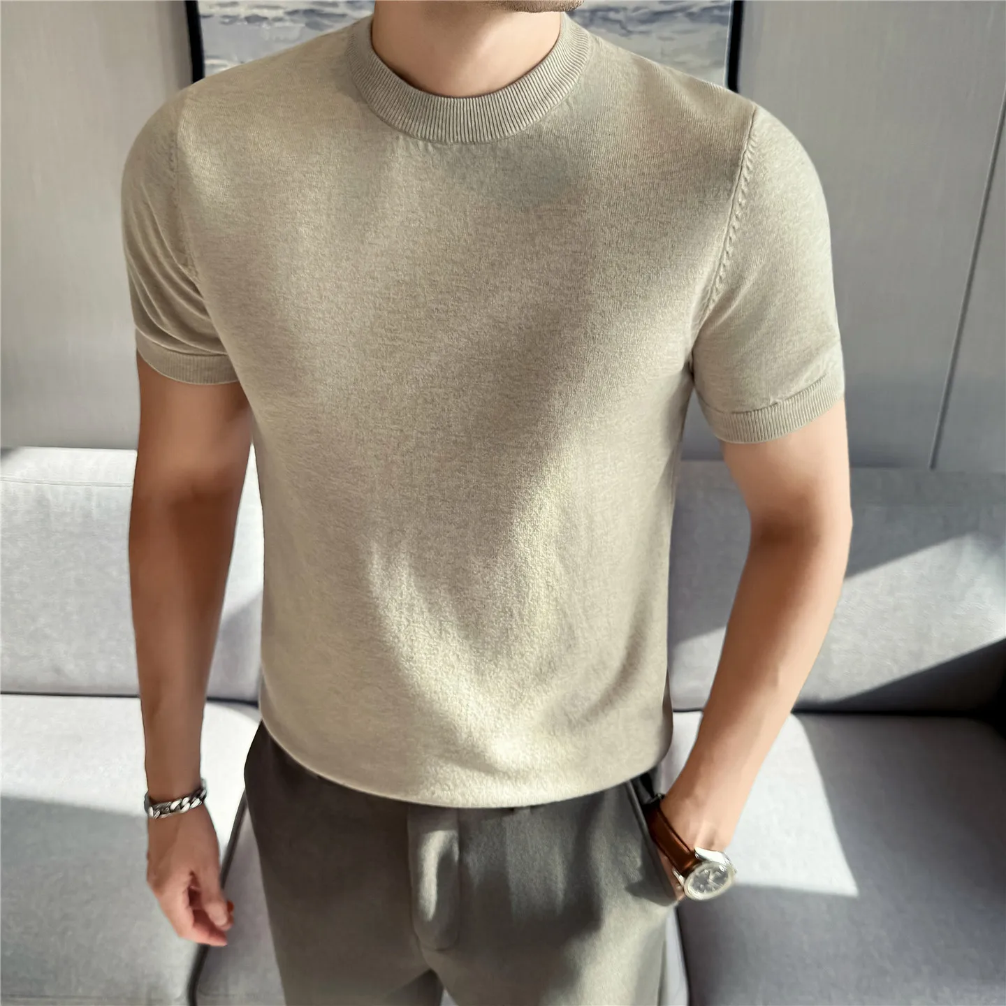 Męska koszulka z dzianiny krótki rękaw slim fit Beżowy