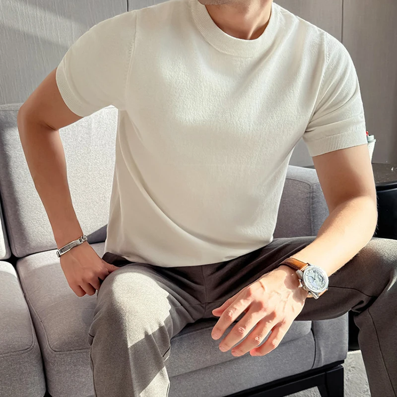 Męska koszulka z dzianiny krótki rękaw slim fit Biały