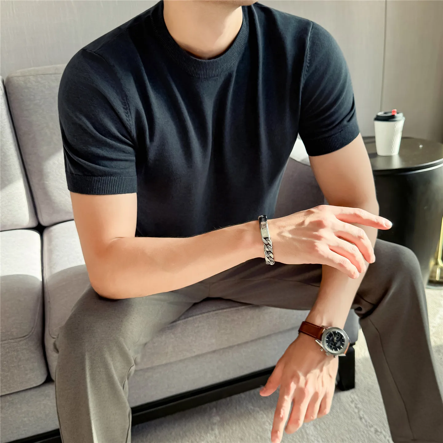 Męska koszulka z dzianiny krótki rękaw slim fit Ciemnoszary