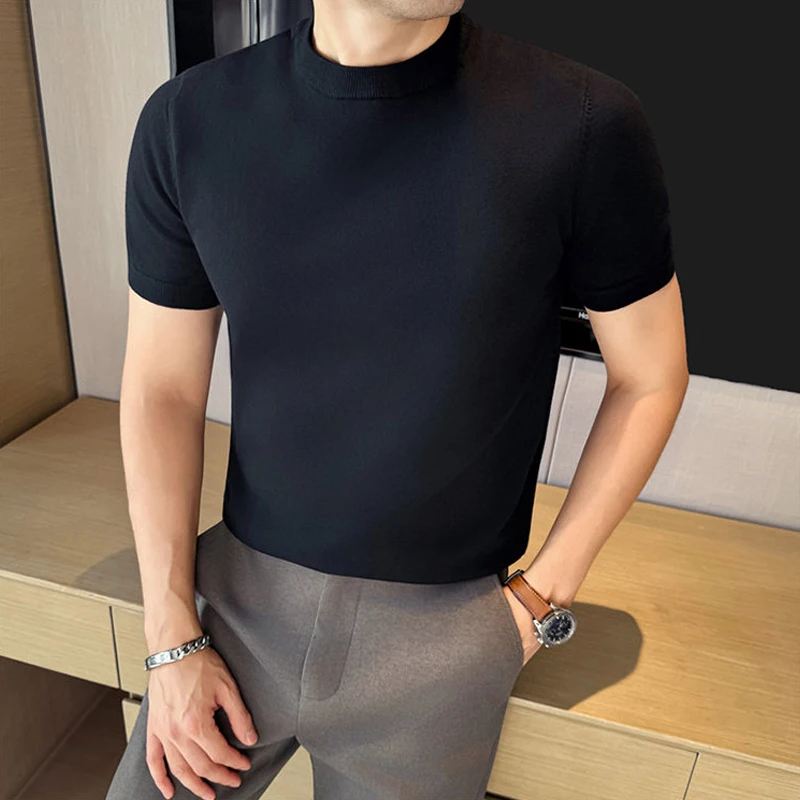 Męska koszulka z dzianiny krótki rękaw slim fit Czarny