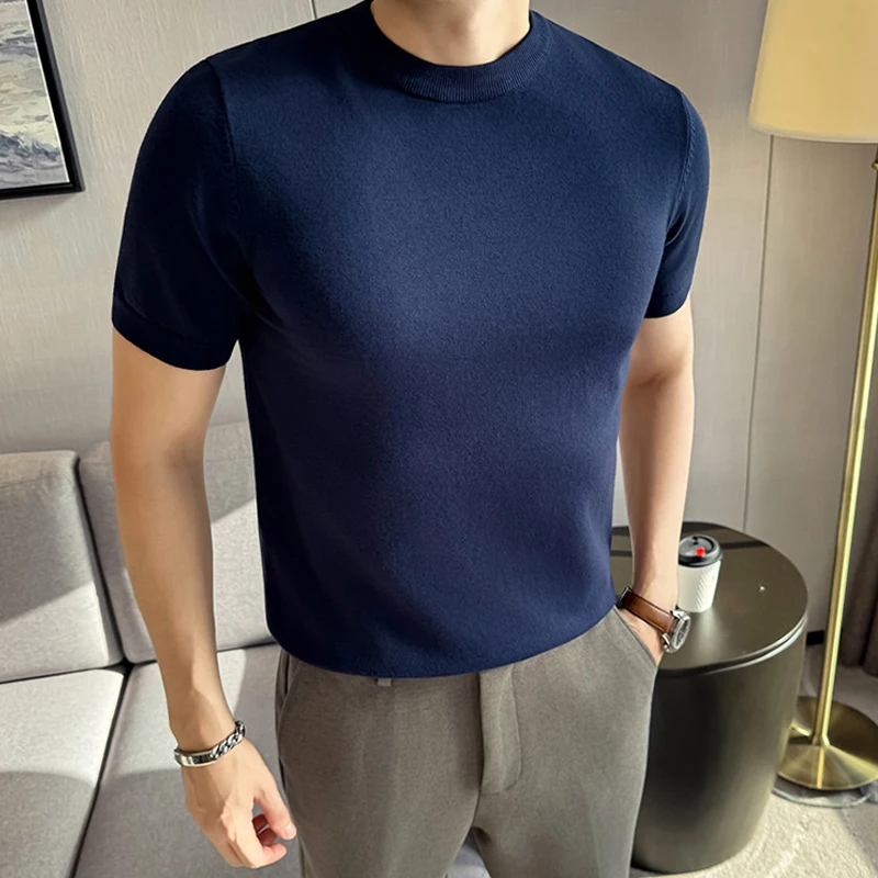 Męska koszulka z dzianiny krótki rękaw slim fit Niebieski