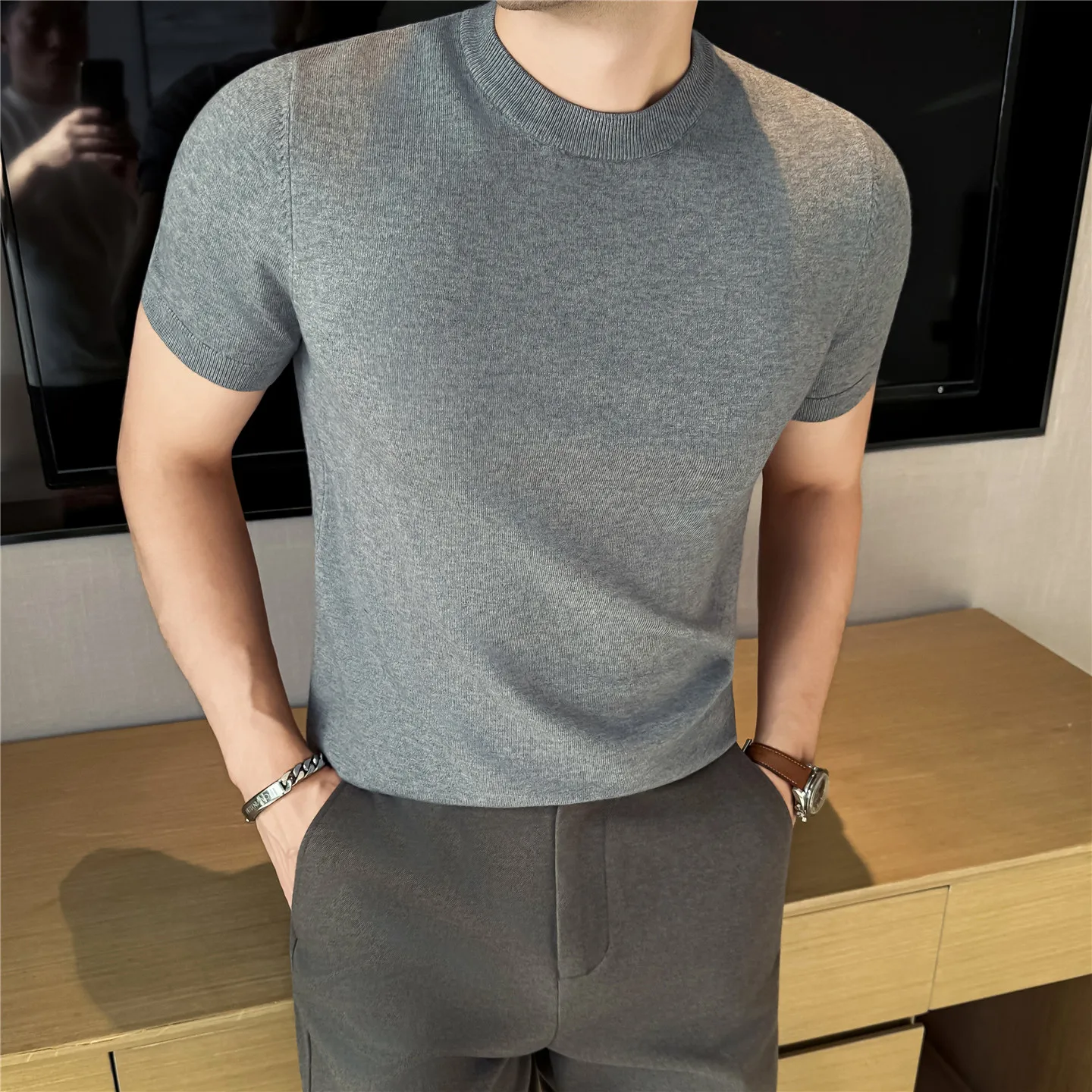 Męska koszulka z dzianiny krótki rękaw slim fit Szary
