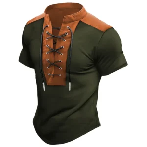 Męska koszulka polo ze stójką i sznurkiem - styl vintage Khaki