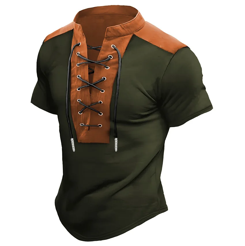 Męska koszulka polo ze stójką i sznurkiem - styl vintage Khaki