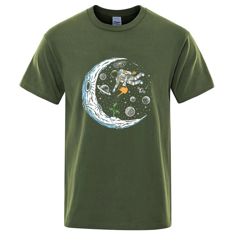 Męska koszulka T-shirt z nadrukiem astronauty, luźny krój Zielony