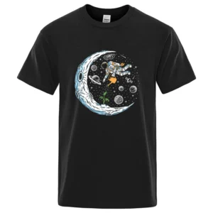 Męska koszulka T-shirt z nadrukiem astronauty, luźny krój Czarny