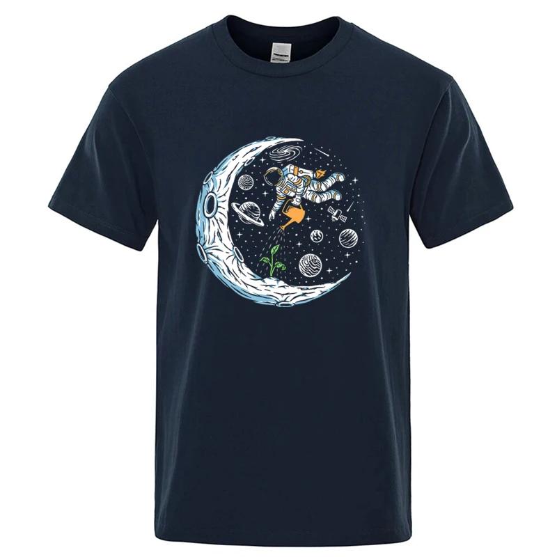 Męska koszulka T-shirt z nadrukiem astronauty, luźny krój Granatowy