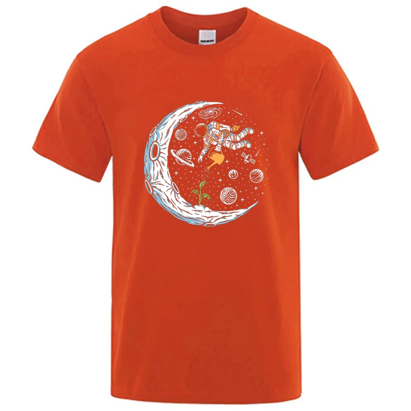 Męska koszulka T-shirt z nadrukiem astronauty, luźny krój Pomarańczowy