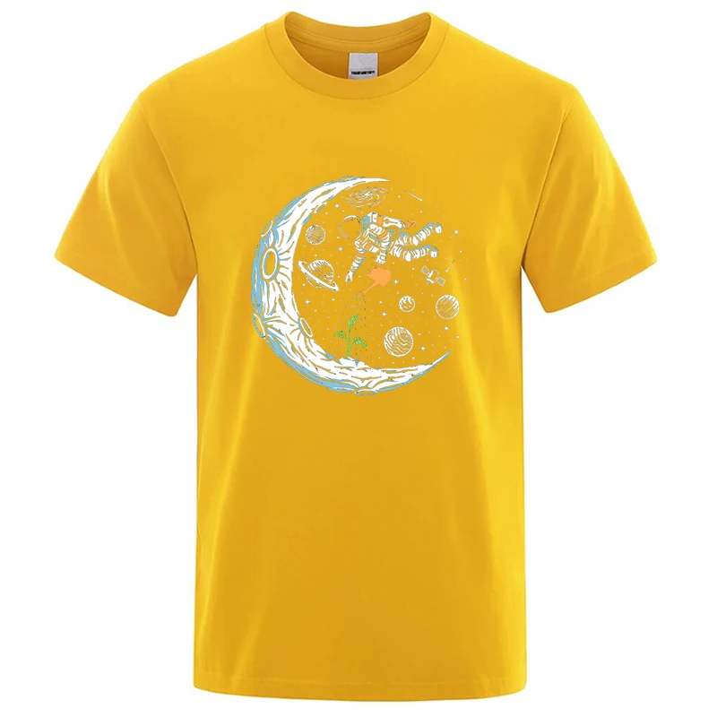 Męska koszulka T-shirt z nadrukiem astronauty, luźny krój Żółty