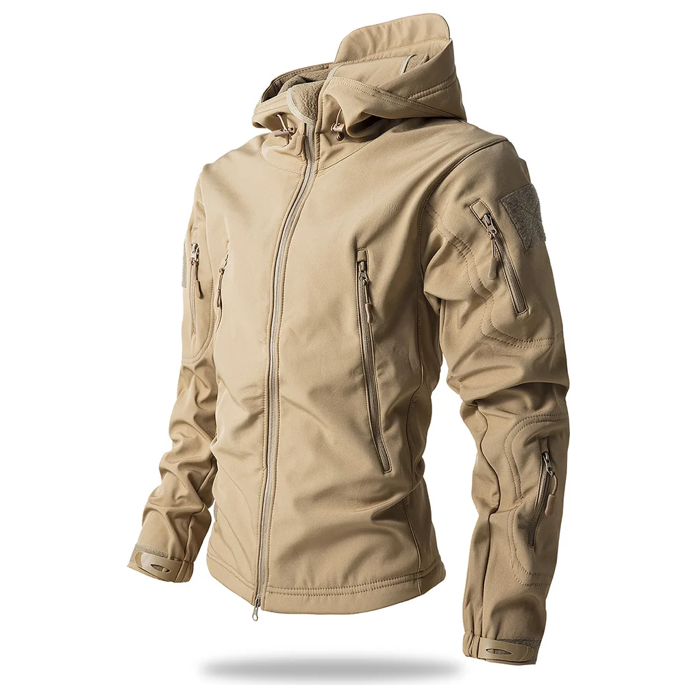 Męska kurtka softshell wodoodporna z kapturem, taktyczna Khaki