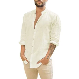 Męska lniana koszula ze stójką z długim rękawem plus size Khaki