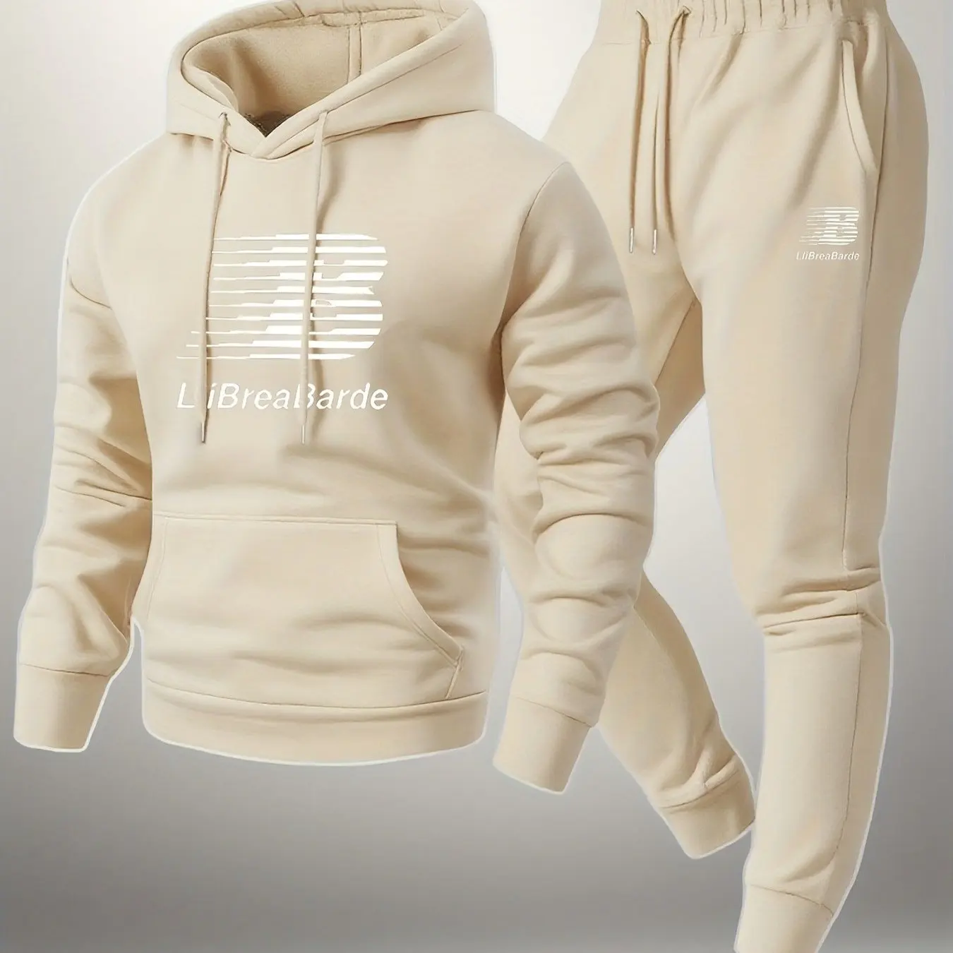 Męski dres z bluzą z kapturem, sportowy zestaw Khaki