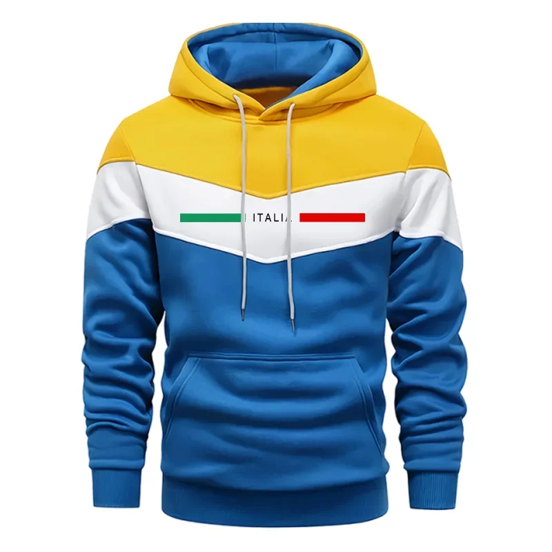 Męski dres sportowy z nadrukiem - bluza z kapturem i spodnie żółta bluza z kapturem