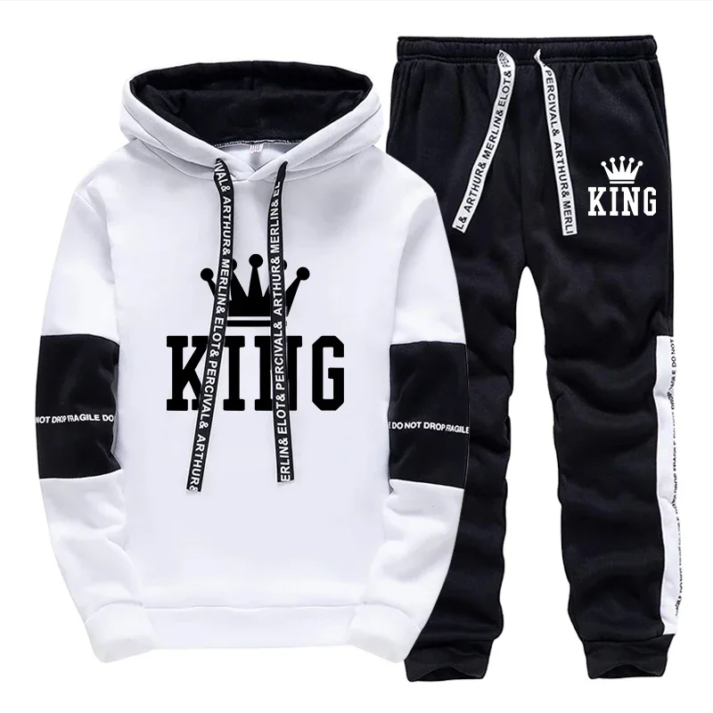 Męski dres z kapturem z nadrukiem w stylu streetwear Biały zestaw