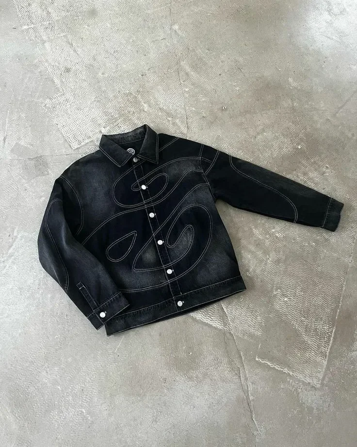 Męski komplet jeansowy Y2k - kurtka i spodnie z haftem Jacket