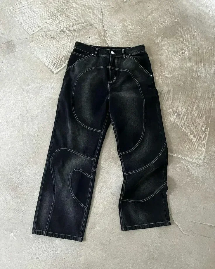 Męski komplet jeansowy Y2k - kurtka i spodnie z haftem Jeans