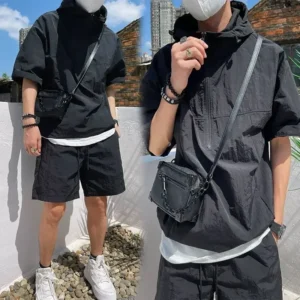 Męski letni komplet cargo bluza z kapturem i szorty Czarny