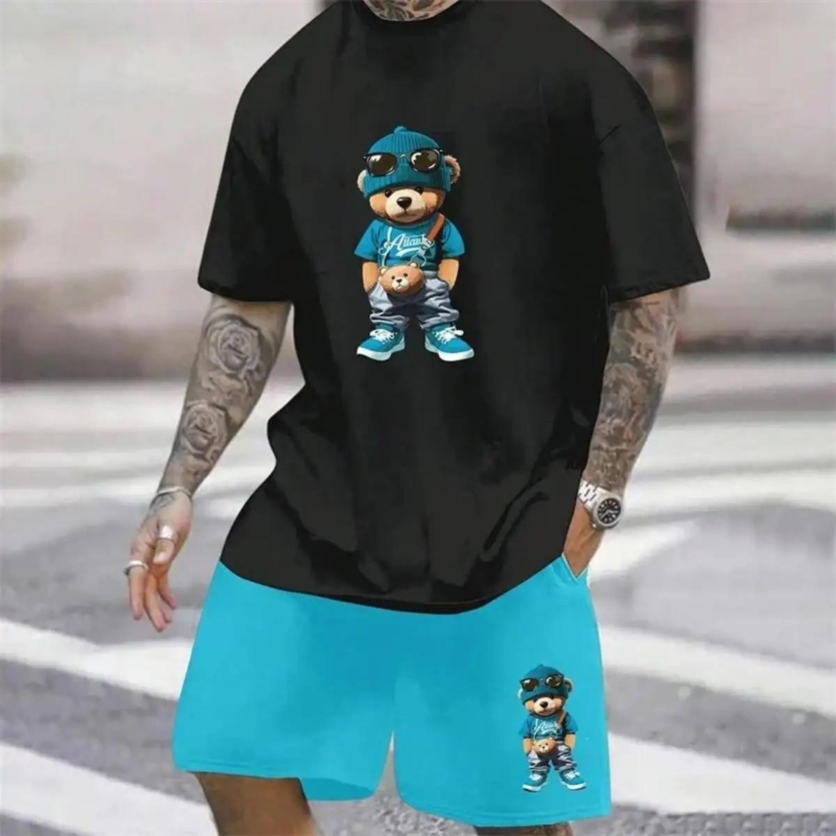 Męski komplet letni 3D miś - t-shirt i szorty Sutket3jrt877