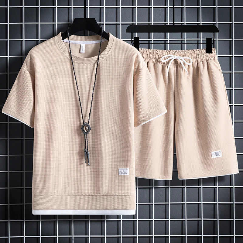 Męski letni komplet sportowy: t-shirt i szorty waflowe Khaki