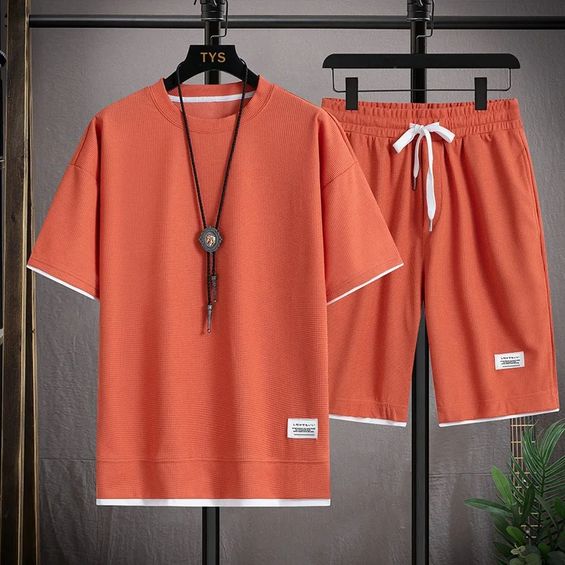 Męski letni komplet sportowy: t-shirt i szorty waflowe Pomarańczowy