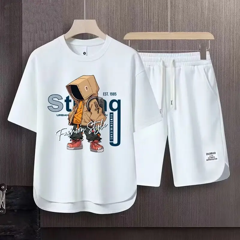 Męski letni komplet T-shirt i szorty z nadrukiem Biały