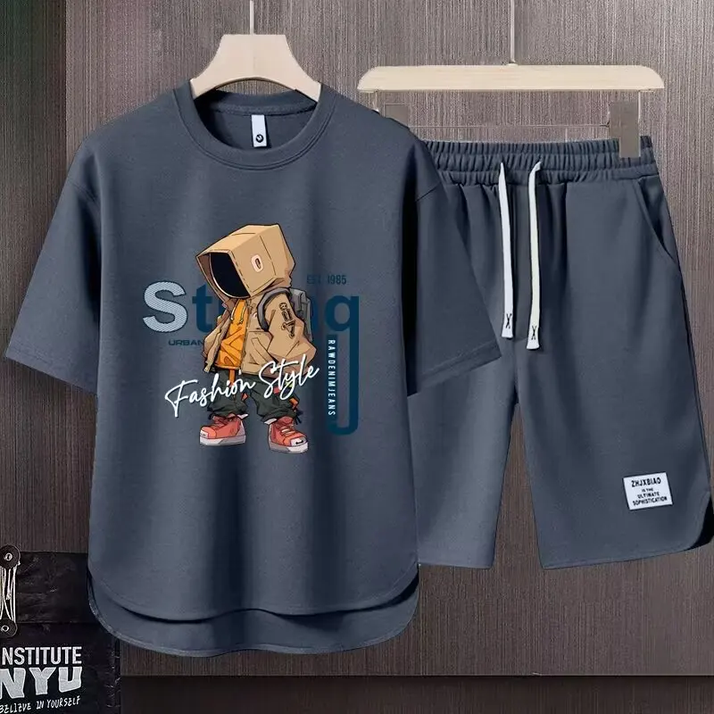 Męski letni komplet T-shirt i szorty z nadrukiem Ciemnoszary