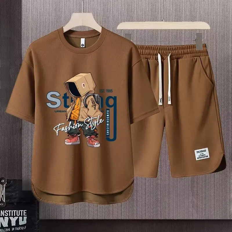 Męski letni komplet T-shirt i szorty z nadrukiem Kawowy