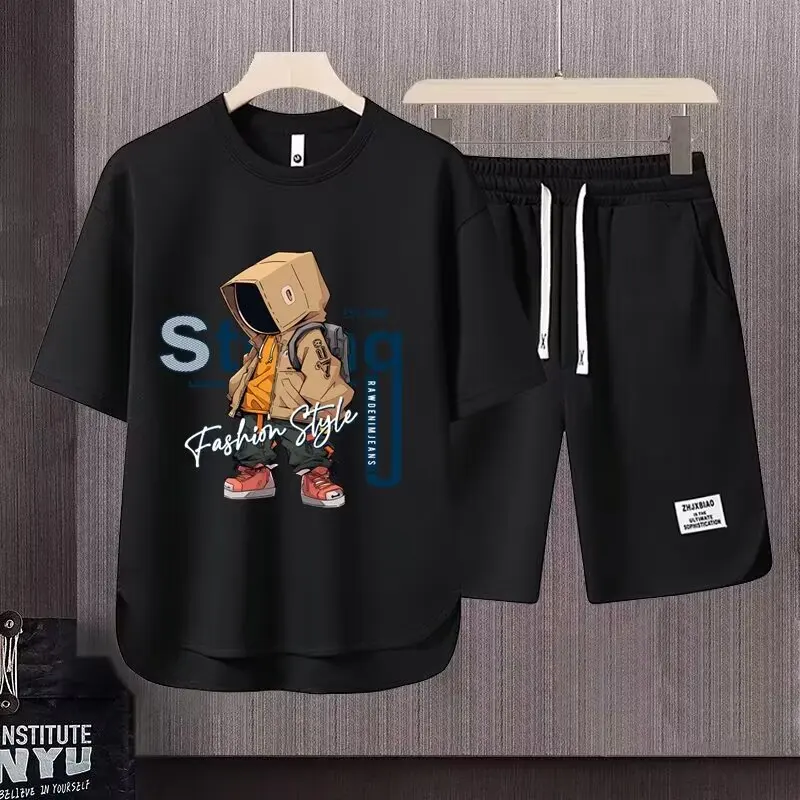 Męski letni komplet T-shirt i szorty z nadrukiem Czarny