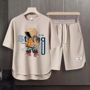 Męski letni komplet T-shirt i szorty z nadrukiem Khaki