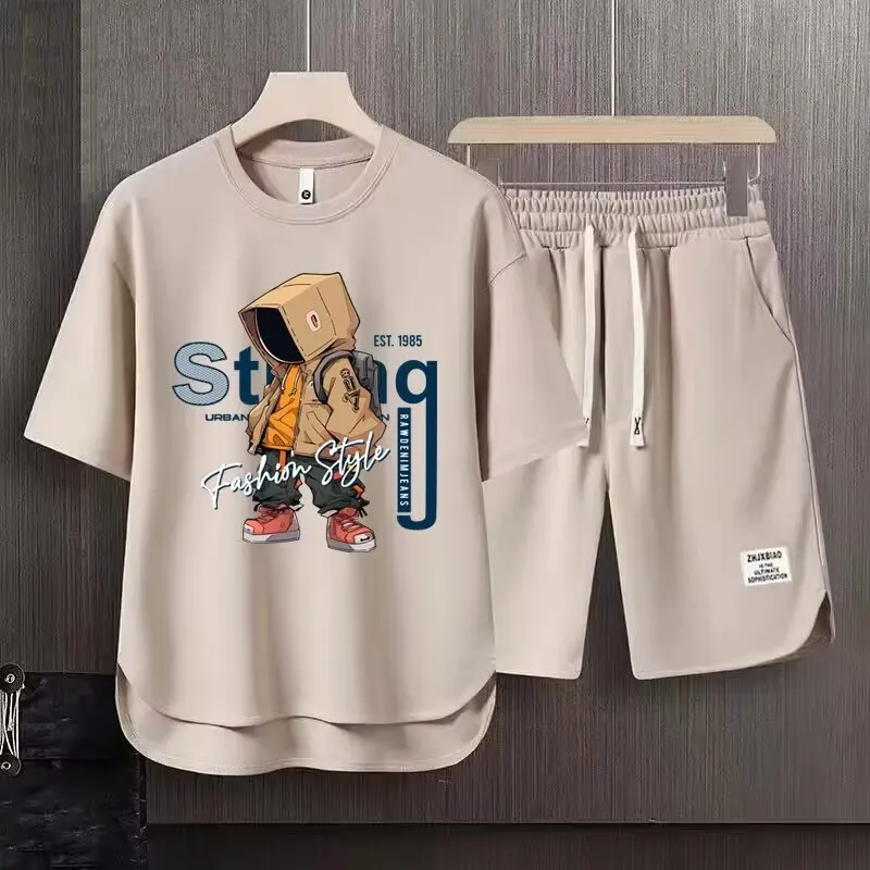 Męski letni komplet T-shirt i szorty z nadrukiem Khaki