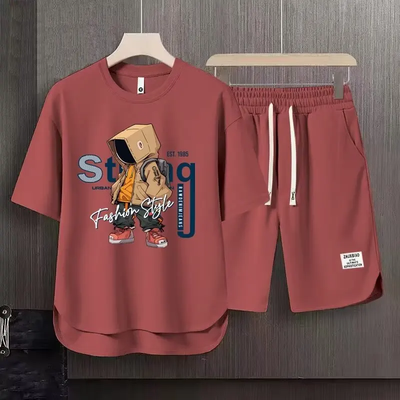 Męski letni komplet T-shirt i szorty z nadrukiem Czerwony